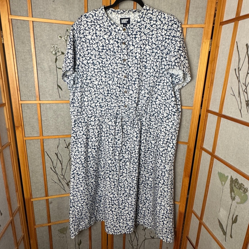 Lands End Womens XL 18 Navy Blue White Floral Button Front Shirt Dress Midi